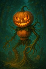 Fantasy illustration of a creepy pumpkin-headed monster with glowing eyes and twisted vine limbs standing in a misty forest, perfect for Halloween themes