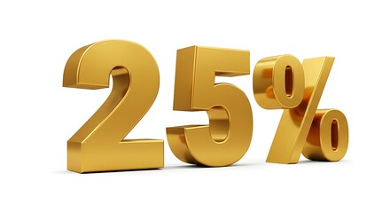 Golden twenty five percent symbol isolated on white background