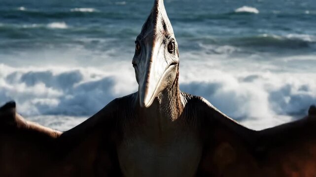 Realistic pteranodon standing on a prehistoric beach with dark ocean waves forming in the background, creating a dramatic and immersive ancient wildlife scene
