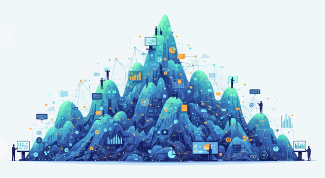 Abstract Digital Data Mountain Landscape Representing Complex Information Analysis and Future Technological Insights with Interconnected Nodes and Human Figures