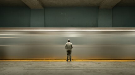 A man stands still on the platform, gazing ahead while a subway train speeds past him. The setting is a busy urban transit hub.