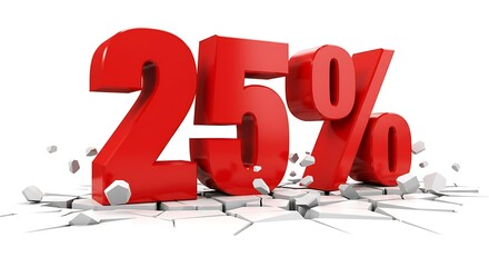 Large red 25 percent symbol cracking ground isolated on white background