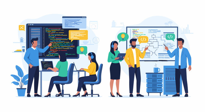 Software development team collaborating on coding and project planning in a modern office environment