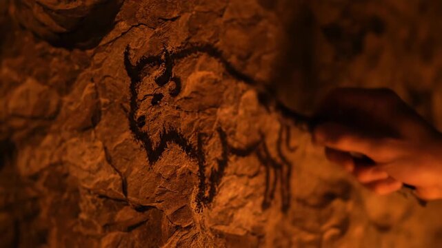 Hand carving an ancient symbolic cave painting of an animal figure into a textured rock surface, illuminated by a warm, flickering light, evoking prehistoric art and early human history