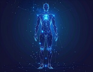 Futuristic glowing blue human anatomy model with a network of connected points and lines.