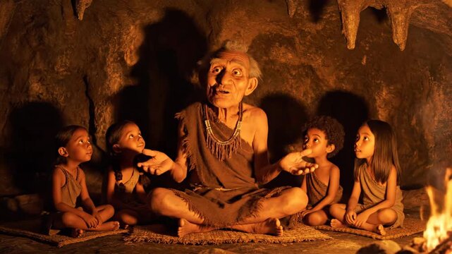 Caveman elder sharing ancient wisdom and stories by a warm campfire, children gathered in a prehistoric cave listening intently, tradition, community and knowledge passed on