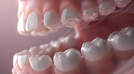 Close Up View Of 3D Teeth Model With Orthodontic Wire