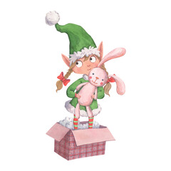 A watercolor illustration of a Christmas elf girl with a stuffed bunny
