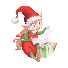 A watercolor illustration of a Christmas elf girl with gifts