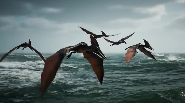 Pterosaurs flocking over a stormy sea beneath a dramatic cloudy sky, evoking a primeval cretaceous world of soaring reptiles, ancient life and raw prehistoric power