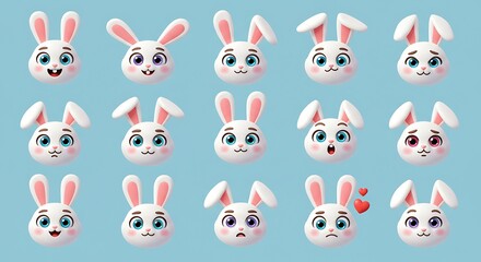 Cartoon bunny faces with various expressions on light blue background