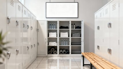 Clean, modern locker room featuring amenities and a blank signboard.