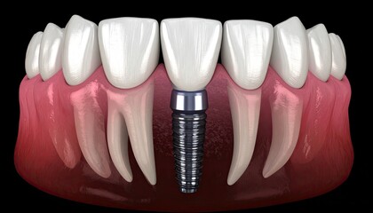 3D rendering of a dental implant anchored within the gumline, surrounded by healthy natural teeth, set against a black background