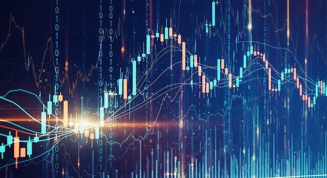 Abstract financial chart with uptrend line graph in stock market on blue background, indicating bull market and economic growth concept