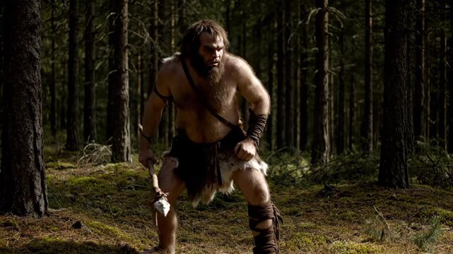Prehistoric caveman hunter, dressed in animal furs, standing ready with a stone-tipped spear in a wild, ancient forest, representing human evolution and primitive survival