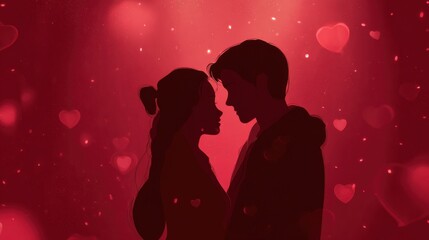 A couple stands closely together, silhouetted against a vibrant red background filled with heart shapes.