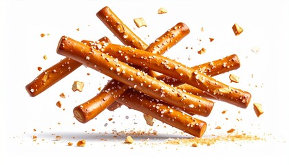 Delicious crunchy pretzel sticks sprinkled with salt tumbling mid-air, creating a tempting snack moment for any occasion.
