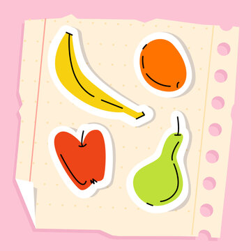 Vector illustration of fresh fruits stickers including banana, apple, pear, and orange placed on a torn dotted notebook page. Perfect for school, lunch, healthy eating, and back to school
