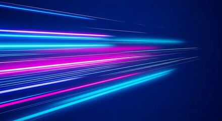 Dynamic light trails of blue and pink streaks on a dark blue background, creating a sense of speed and movement for modern technology designs