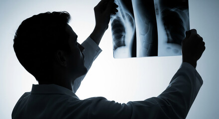 Medical professional in silhouette examining a patient's skeletal X-ray, concentrating on diagnosis and healthcare
