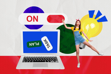 Sketch composite 3D photo collage trend artwork of young lady stand huge laptop turn on button work...