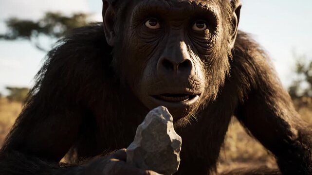 Australopithecus hominid primate squatting on arid savanna, carefully creating a sharp-edged stone tool, symbolizing early human evolution, intelligence, and survival in prehistoric africa