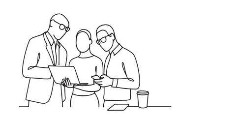 Minimalist one-line drawing of three colleagues sharing ideas while discussing a project, illustrating professional teamwork, creative thinking, remote work, online learning