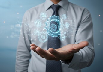 Professional businessman showcasing innovative digital gears and network connections, symbolizing growth and technology integration in business.