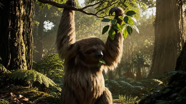 Giant ground sloth, a large prehistoric mammal, standing and extending its long arm to grab branches and leaves in a lush, sunlit ancient jungle environment