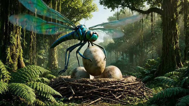 Giant prehistoric dragonfly flying above a nest containing three dinosaur eggs in a lush, dense jungle, creating a scene of ancient wilderness and fantasy