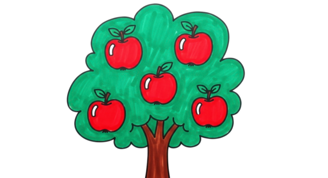 Whimsical red apples ripen on a bright green tree, perfect for educational, seasonal, or healthy eating themes.