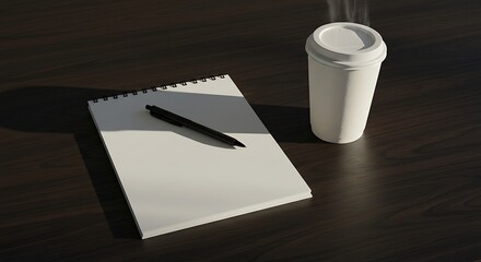 Notebook with pen beside a disposable coffee cup on a dark surface