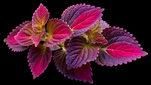 Vibrant coleus leaves with striking pink and purple coloration against a dark background