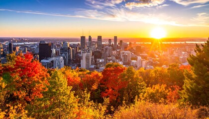 Vibrant sunset bathes a cityscape in golden light, with autumn foliage in foreground, offering a picturesque urban panorama