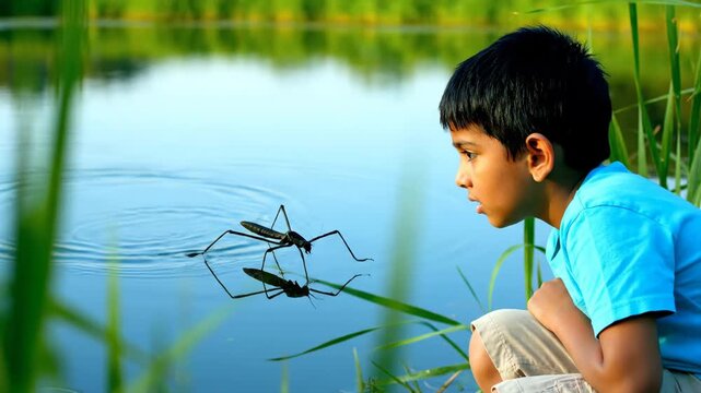 Young boy observing a water strider moving on the calm water surface of a pond, experiencing a moment of curiosity and discovery in nature during childhood