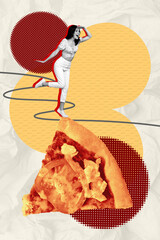 Exclusive image art pop trend collage of excited girl stand pizza slice pepperoni nutrition fast food cafe bistro delivery