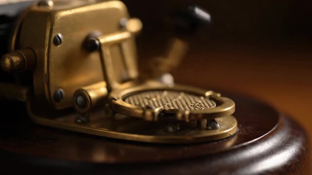 Vintage brass telegraph machine with a black handle and intricate components, resting on a dark wooden base, symbolizing historical communication technology and sending important messages
