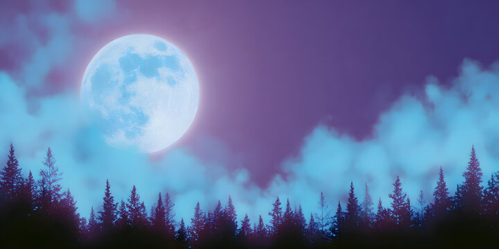Enchanting full moon glows over misty pine forest at twilight