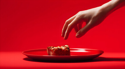 A hand hovers over a piece of bread on a red plate, with a red background, suggesting a moment of decision or anticipation