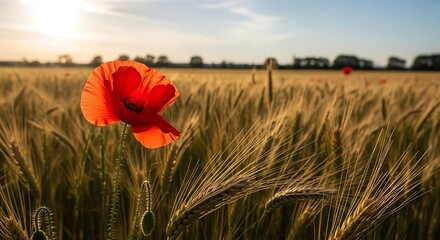 Vibrant red poppy flower in golden wheat field at sunset.
