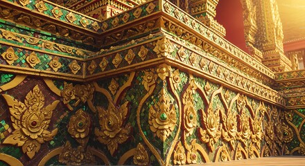 Ornate architectural detail with gold and green embellishments and warm sunlight