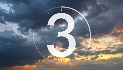Dramatic sunset sky backdrop with a large white '3' inside a timer circle