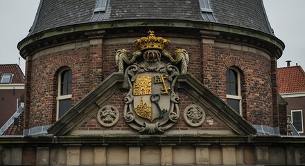 Ornate coat of arms adorning brick building facade under cloudy skies