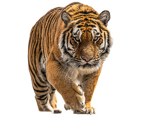 Obraz premium Bengal Tiger Mid-Stride Isolated on Transparent Background, Intense Gaze PNG