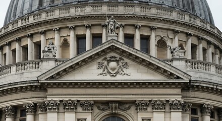 Ornate architecture details of a large building with dome and sculptures