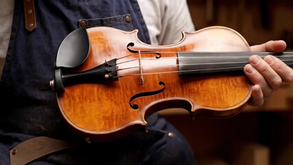 Luthier’s hands carefully applying a protective varnish coating on a string instrument, showcasing the meticulous craft of violin making in a workshop setting