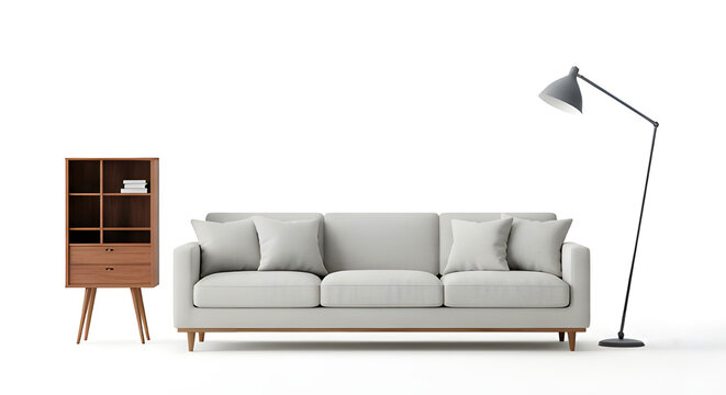 Modern Gray Sofa with Floor Lamp and Wooden Cabinet &mdash; Sofa Abu-Abu Modern dengan Lampu Lantai dan Lemari Kayu