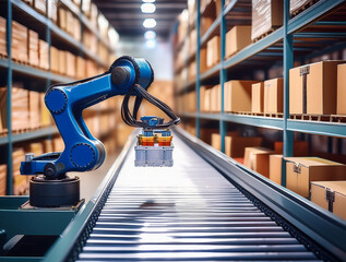 A robotic arm sorts small packages on conveyor belts in a warehouse