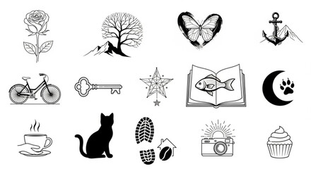 Collection of black and white line art illustrations featuring nature, objects, and various other elements