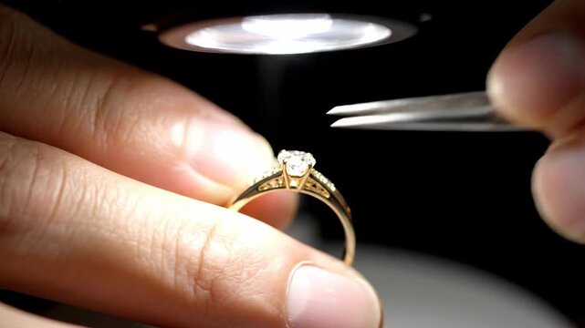 Jeweler's hands precisely placing a sparkling brilliant cut diamond into a delicate gold engagement ring using tweezers under a bright light, representing craftsmanship and luxury jewelry making